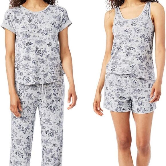 Lucky Brand L Gray Blue Floral Comfortable Tee Tank Short & Pant 4 pc PJ Set